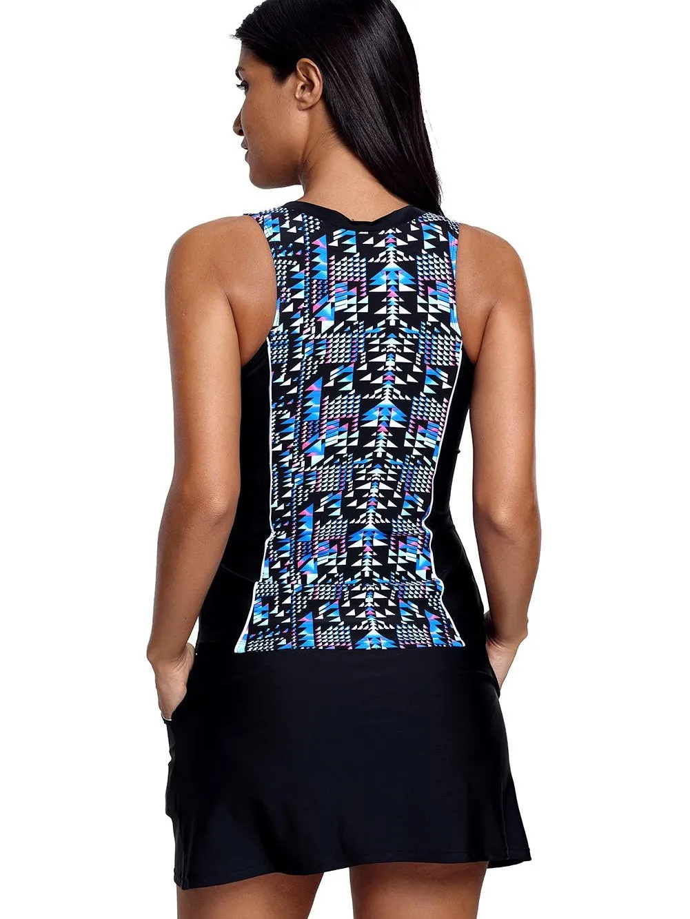 Active Tankini Set with Geometric Pattern