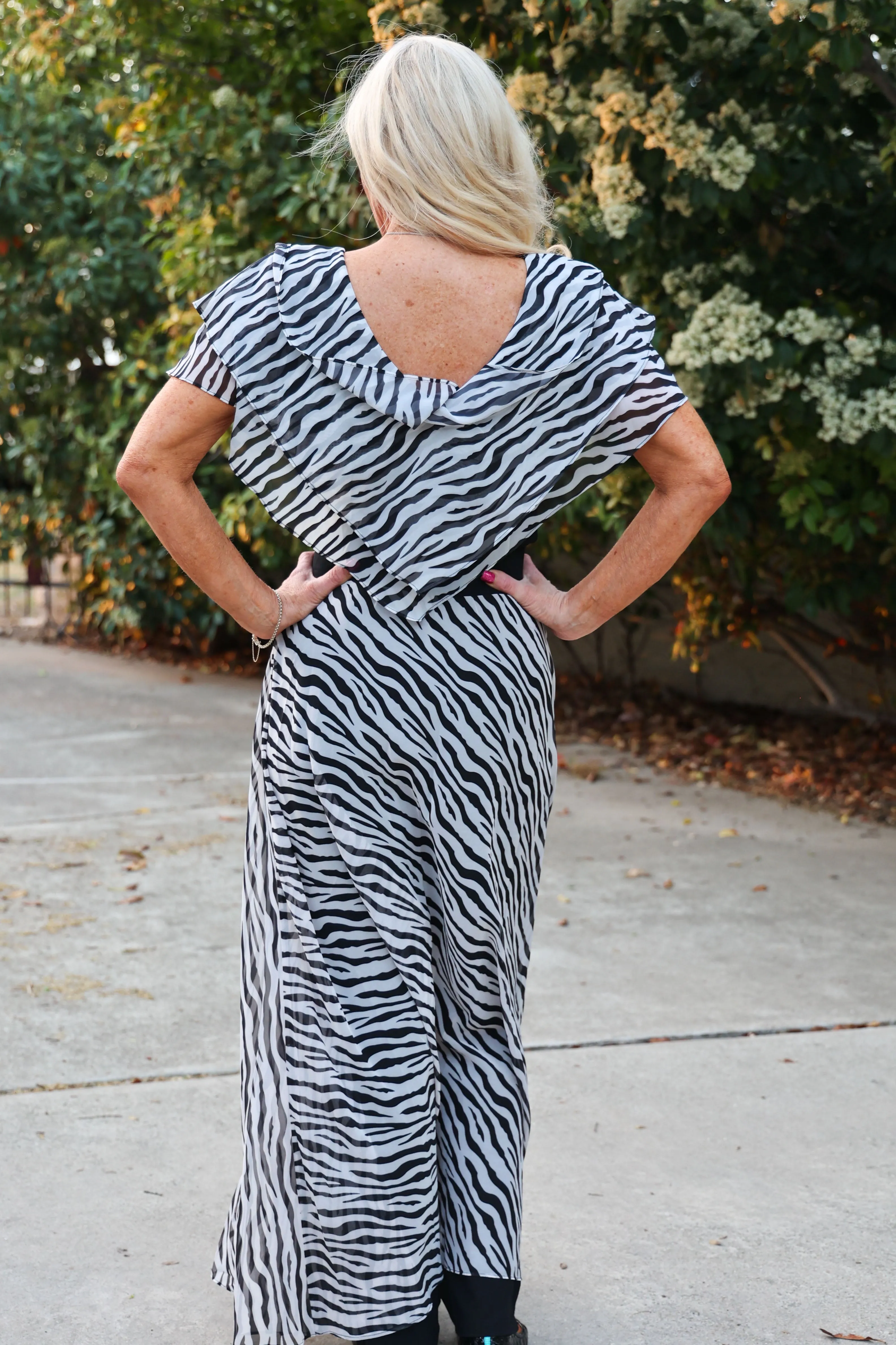 Azi Sheer Ruffle Short Sleeve Zebra V Neck Top With Fitted Black Bodice
