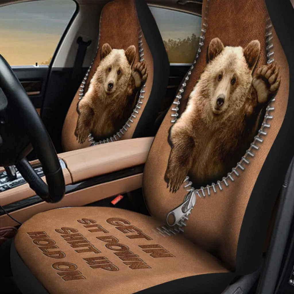 Bear Seat Covers For Car With Leather Pattern Print, Get In Sit Down Seat Cover For His Cars