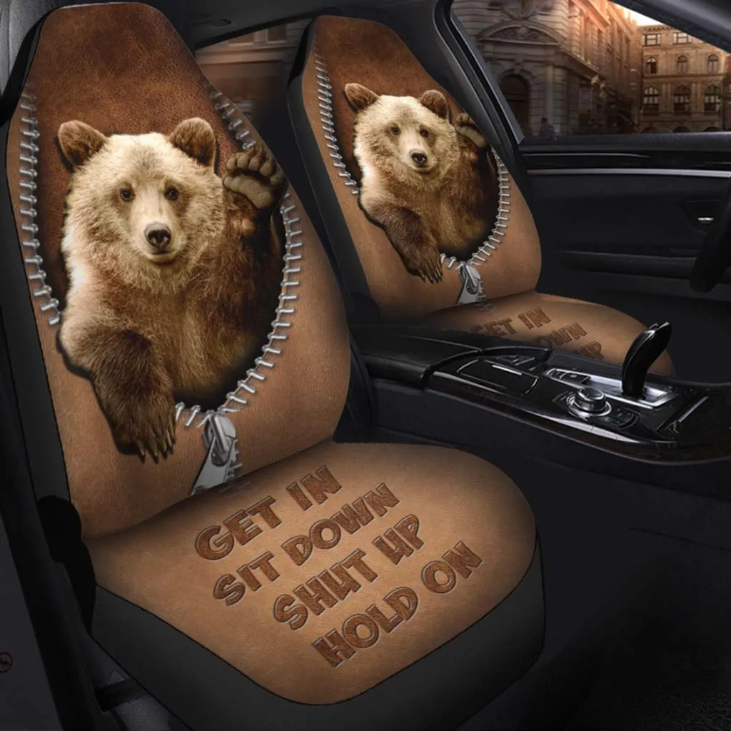 Bear Seat Covers For Car With Leather Pattern Print, Get In Sit Down Seat Cover For His Cars