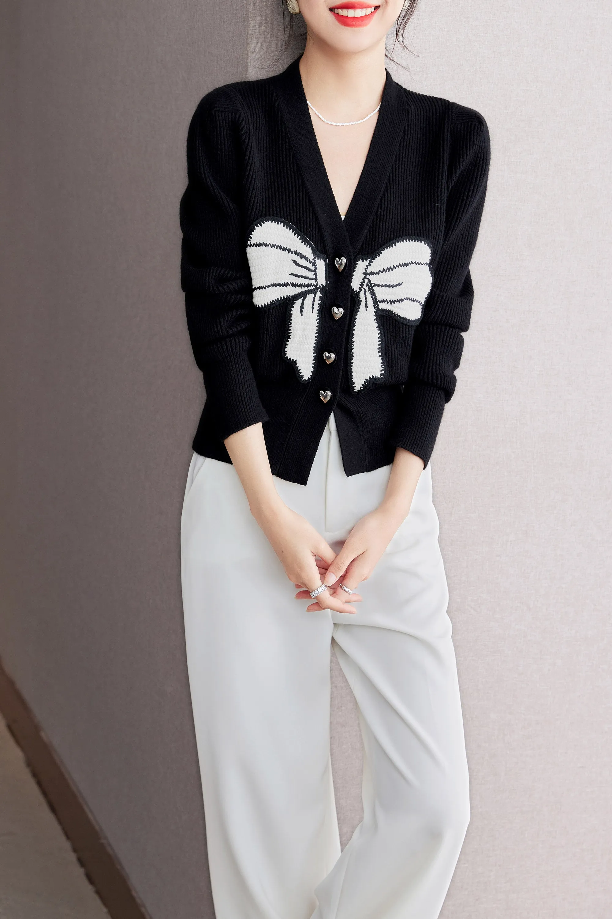 BK-Knit Black V Neck Cardigan