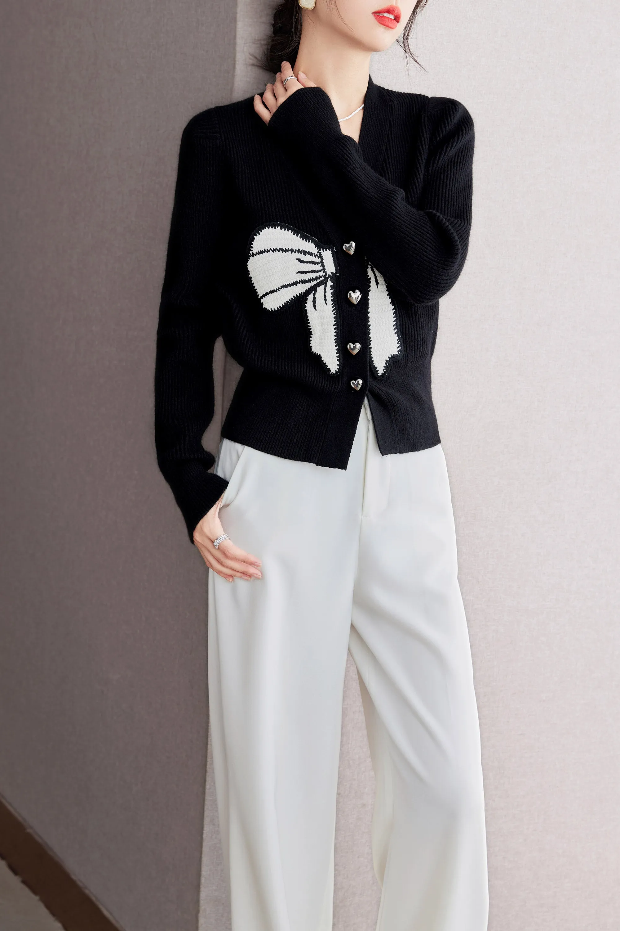 BK-Knit Black V Neck Cardigan