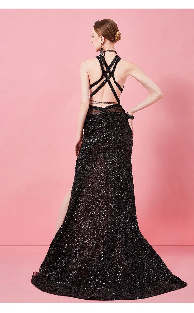 Black Sequins sexy split open back slim long  elegant bridesmaid dress- Leila