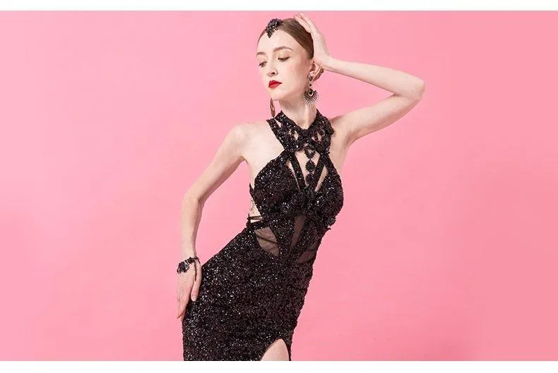 Black Sequins sexy split open back slim long  elegant bridesmaid dress- Leila