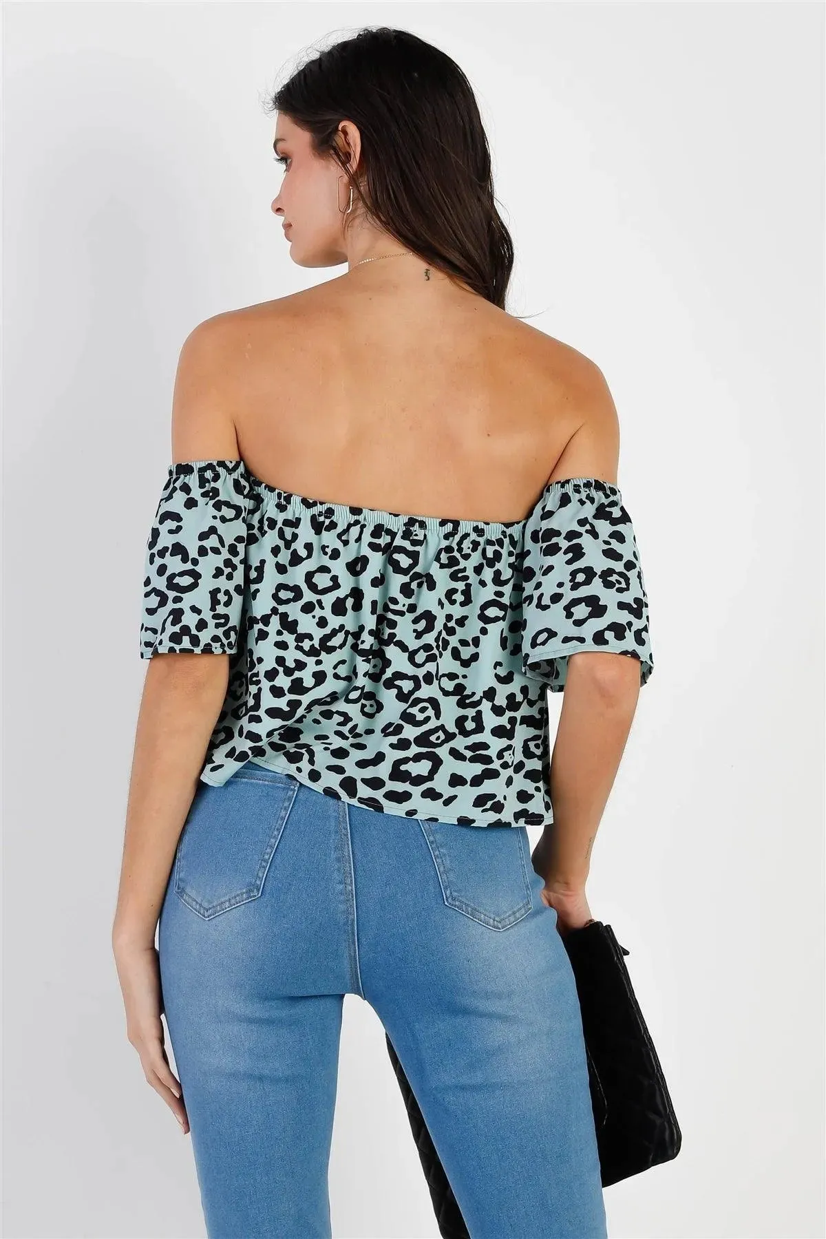 Blue & Black Leopard Print Off-The-Shoulder Crop Top /2-2-2