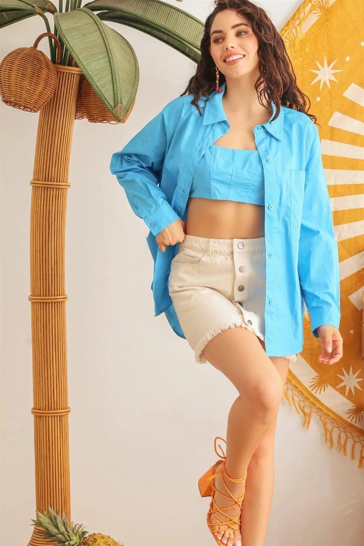 Blue Cotton Sleeveless Corset Crop Top /1-2-2-1