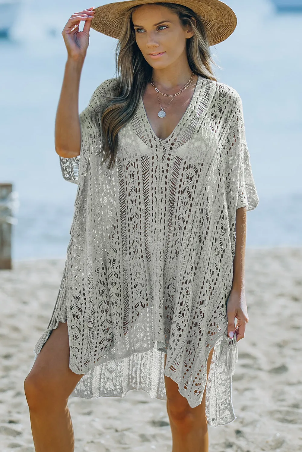 Boho Crochet Lace Kimono - Grey