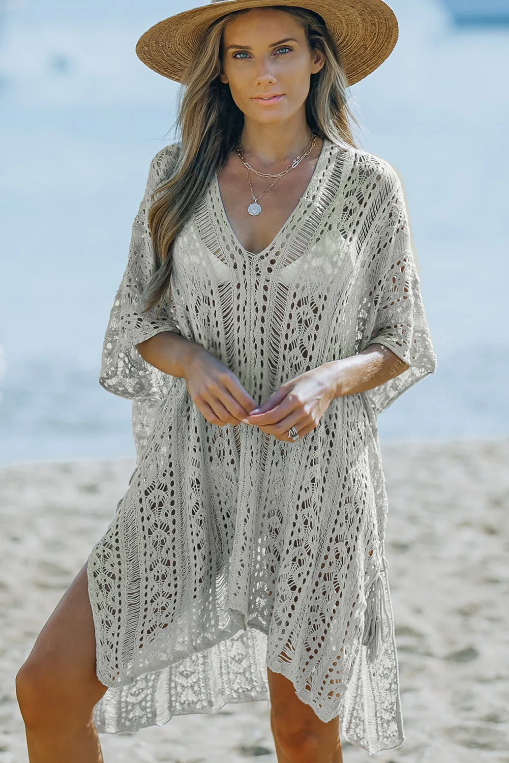 Boho Crochet Lace Kimono - Grey