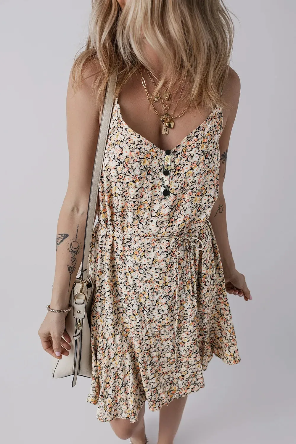Boho Floral Printed Tie Waist Flared Sundress for Summer