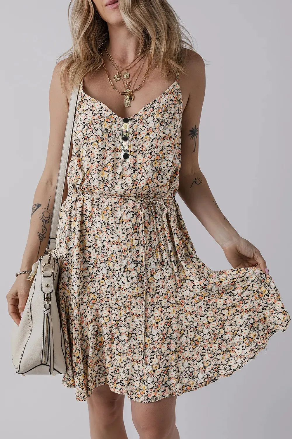 Boho Floral Printed Tie Waist Flared Sundress for Summer