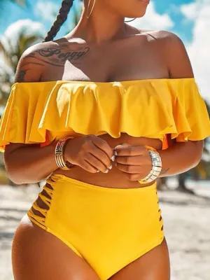 Bold Yellow High-Waisted Bikini with Ruffle Top