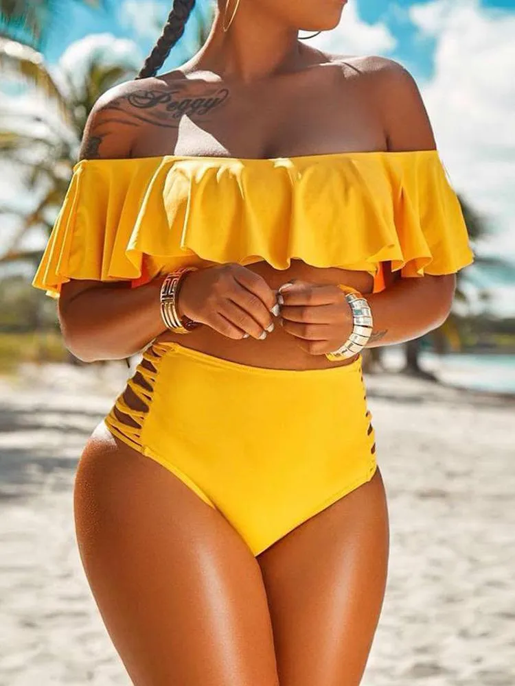 Bold Yellow High-Waisted Bikini with Ruffle Top