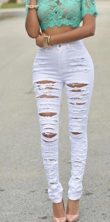 Cool Frayed Holes Elastic Beggar Feet Pants