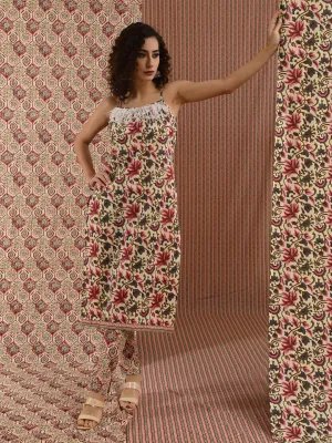 Cream Floral Print Kurta Pant With Feather Lace Details