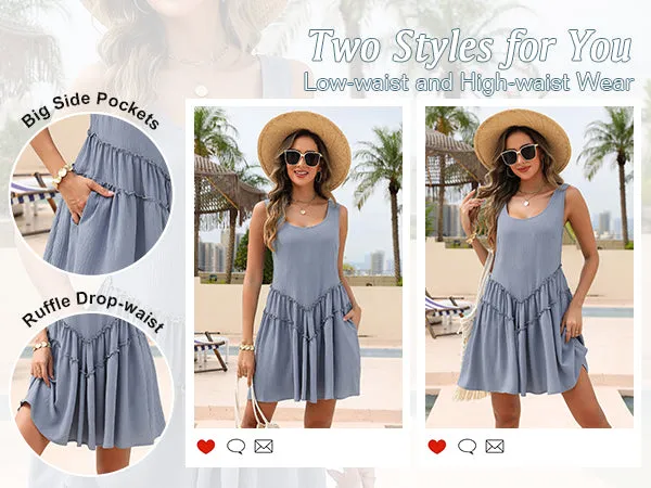 Cute Drop-waist Swimsuit Coverup Ruffle Sleeveless Mini Tank Dress