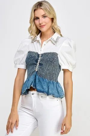 Denim Color Block Peplum Shirt