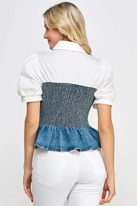 Denim Color Block Peplum Shirt