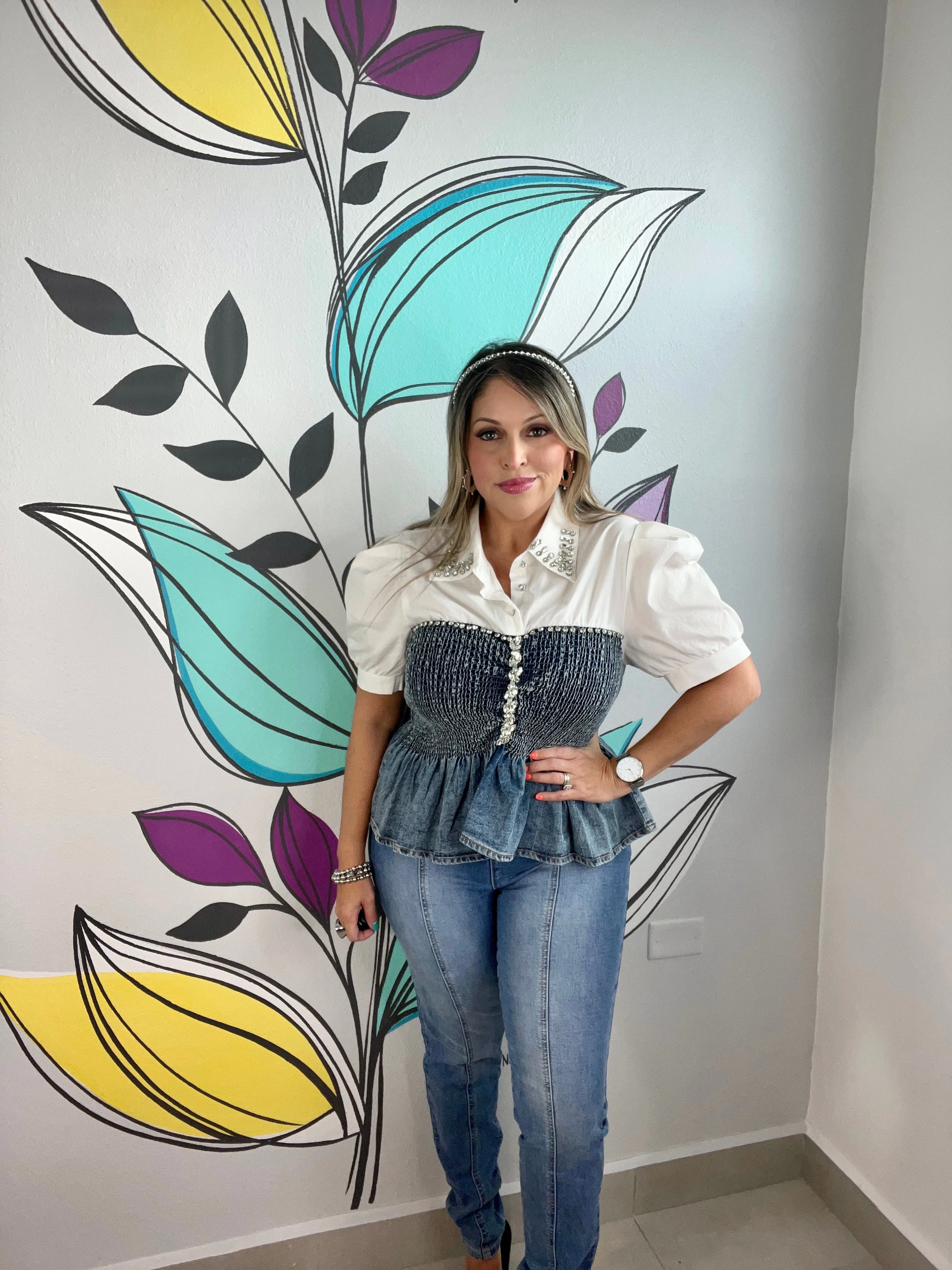 Denim Color Block Peplum Shirt
