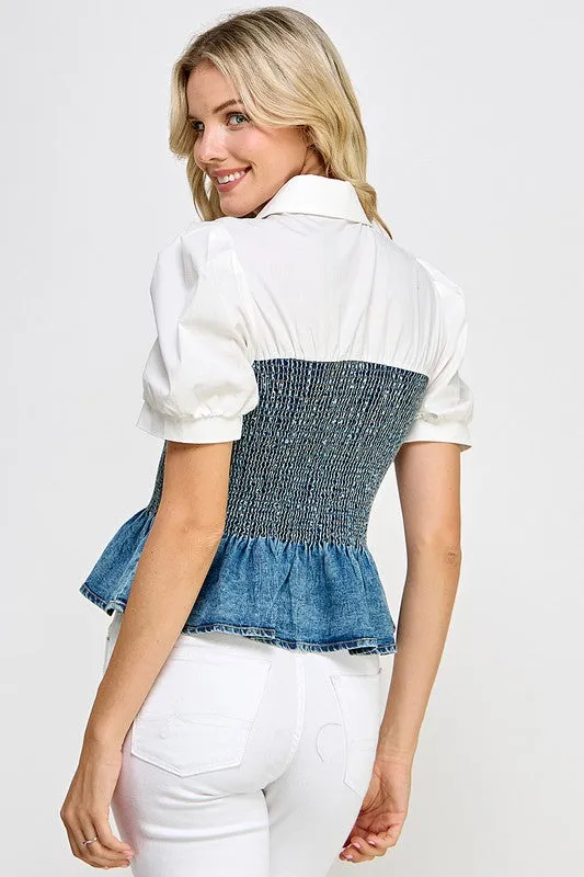 Denim Color Block Peplum Shirt