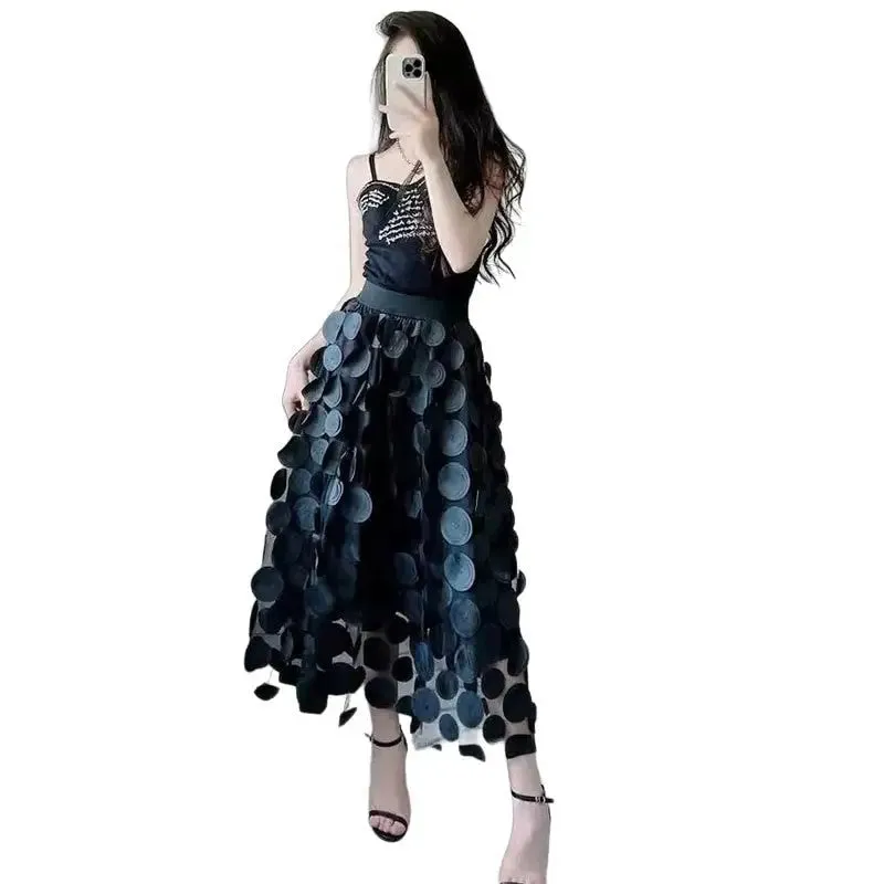 Dot Elastic High Waist Tulle Long Mesh Skirt