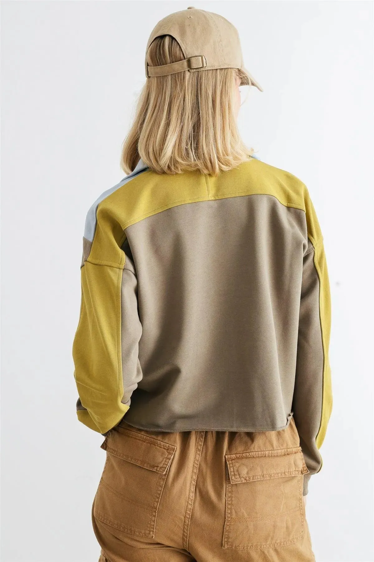 Dusty Olive & Blue Zip-Up Mock Neck Long Sleeve Crop Top /1-2-2-1
