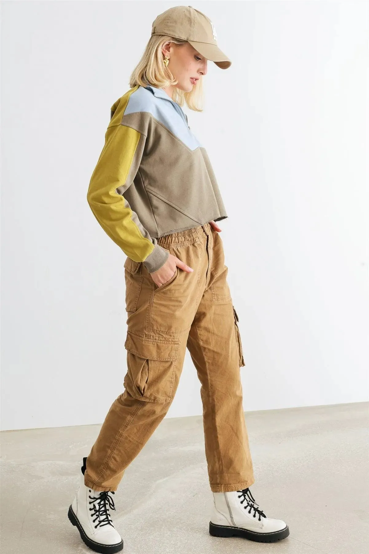 Dusty Olive & Blue Zip-Up Mock Neck Long Sleeve Crop Top /1-2-2-1