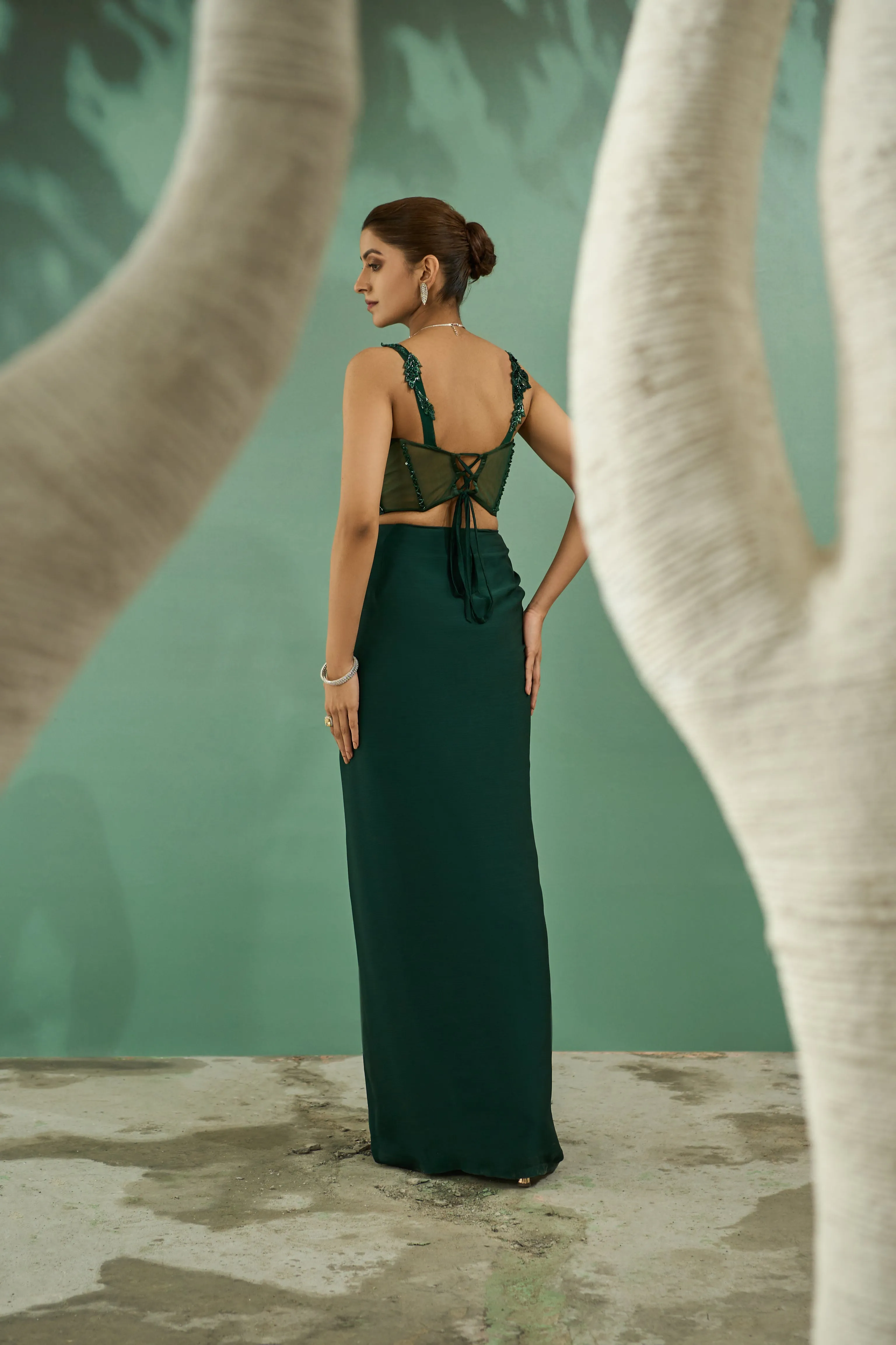Emarald Green Cutwork Top And Drape Skirt Set