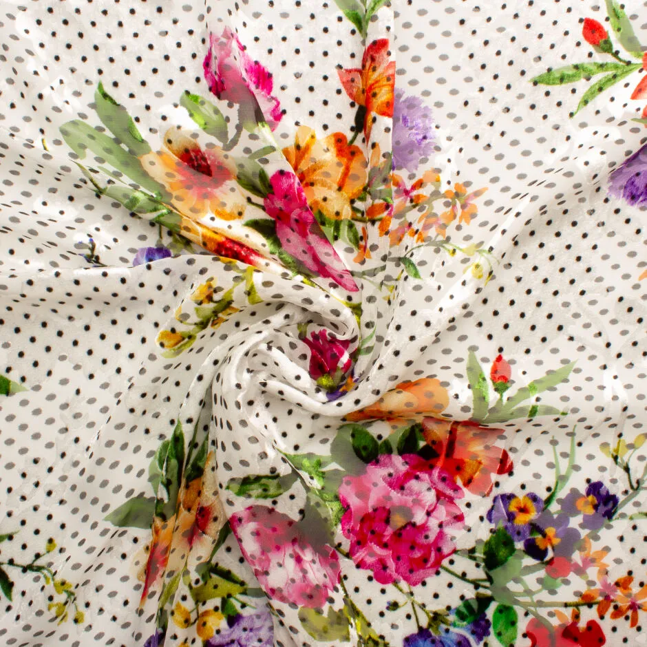 Floral Printed Black Spotted White Devoré Velvet