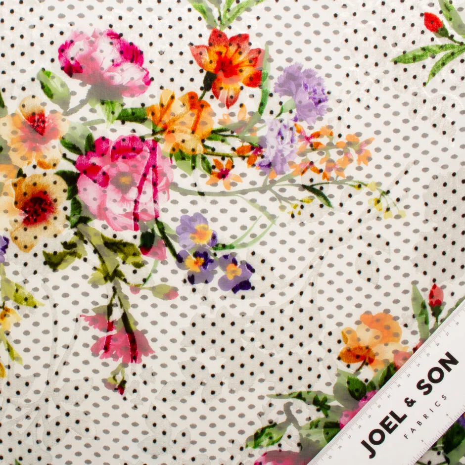 Floral Printed Black Spotted White Devoré Velvet