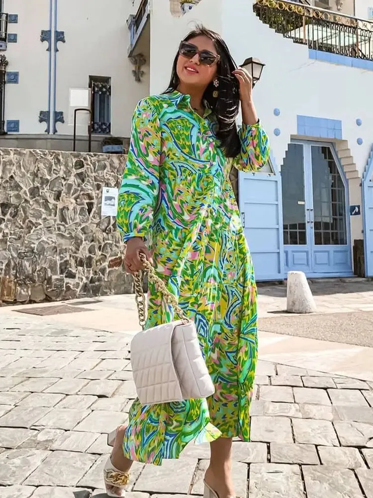Foridol Paisley Print Shirt Dress Elegant Autumn Spring Green Dress Floral Print Boho Female Maxi Dress Long Sleeve Dress 2023