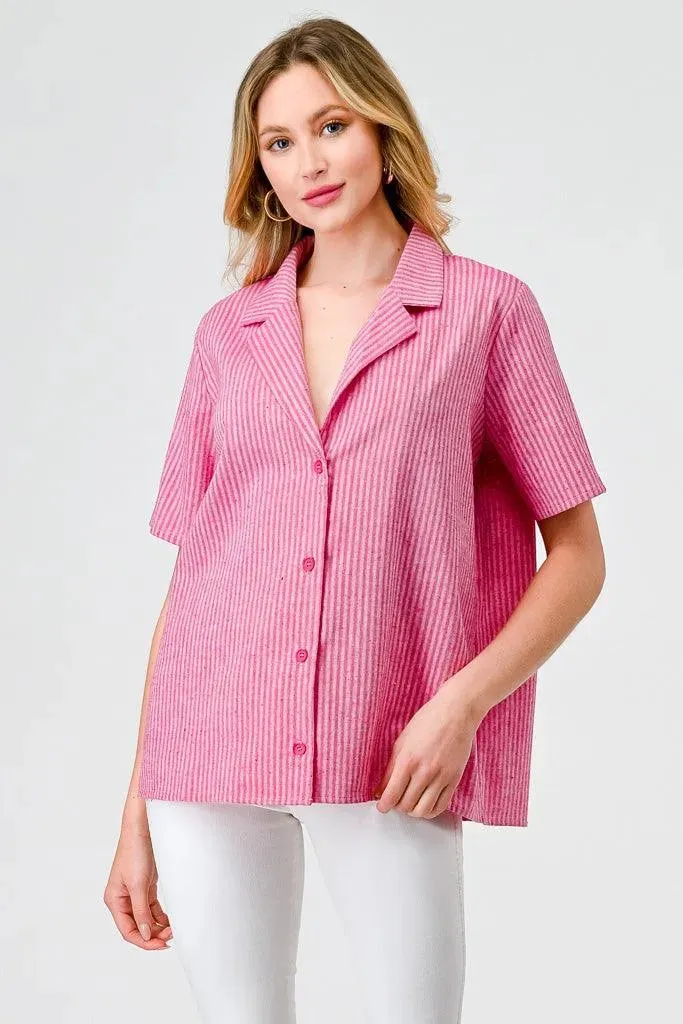 Fuchsia Striped Linen Collared Neck Button-Up Blazer Top /1-2-2-1