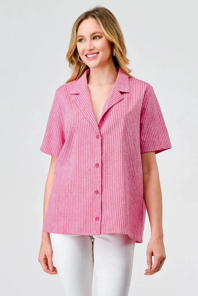 Fuchsia Striped Linen Collared Neck Button-Up Blazer Top /1-2-2-1
