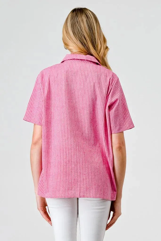 Fuchsia Striped Linen Collared Neck Button-Up Blazer Top /1-2-2-1