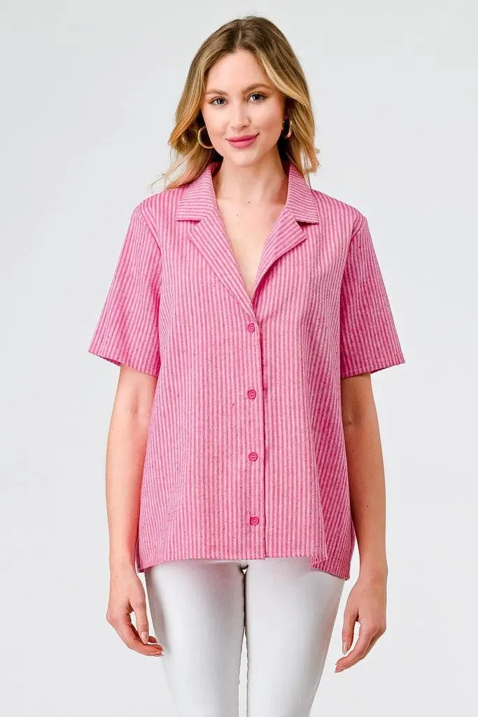 Fuchsia Striped Linen Collared Neck Button-Up Blazer Top /1-2-2-1