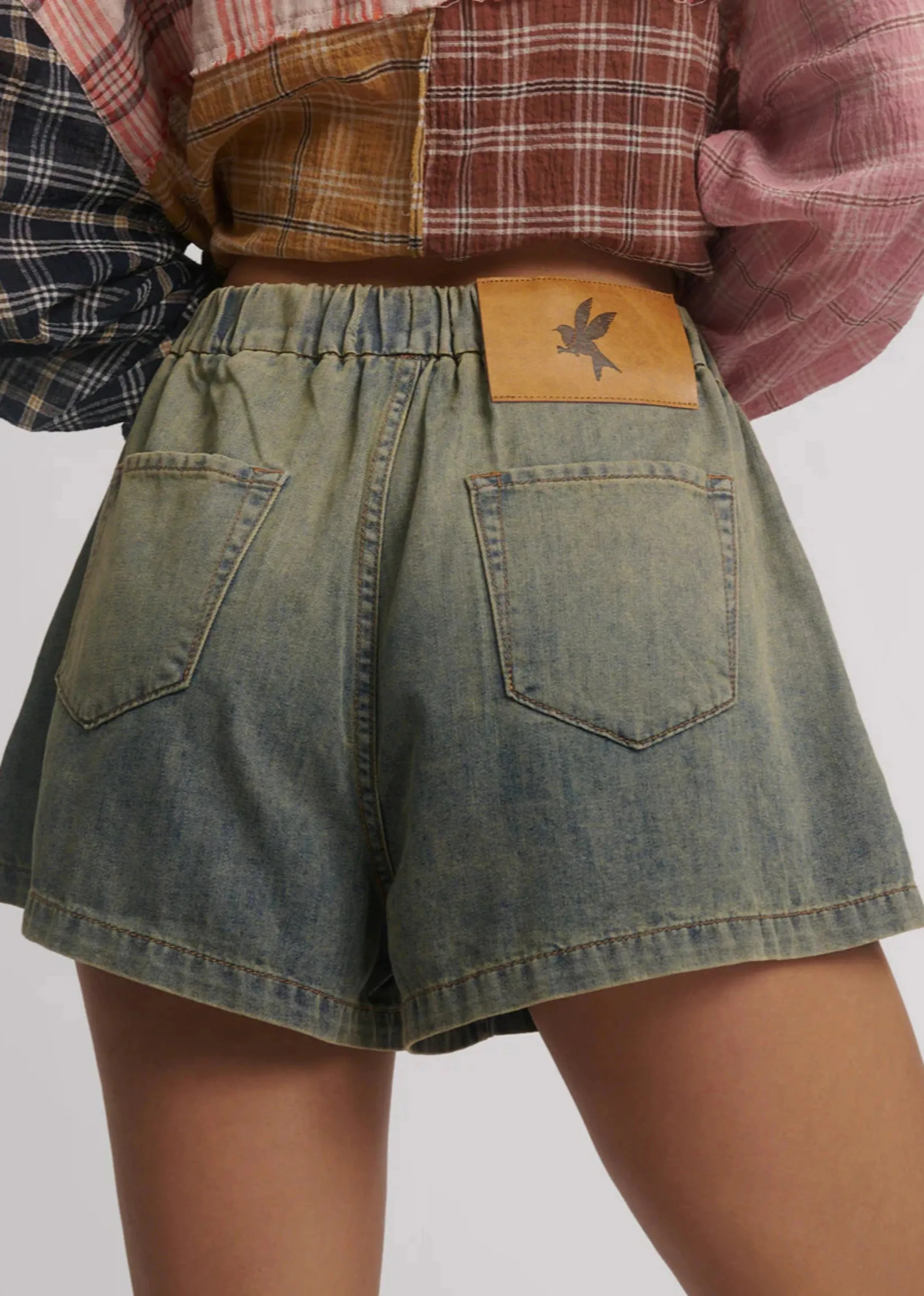 Funks High Waist Elasticated Flippy Denim Short - Blue Sand