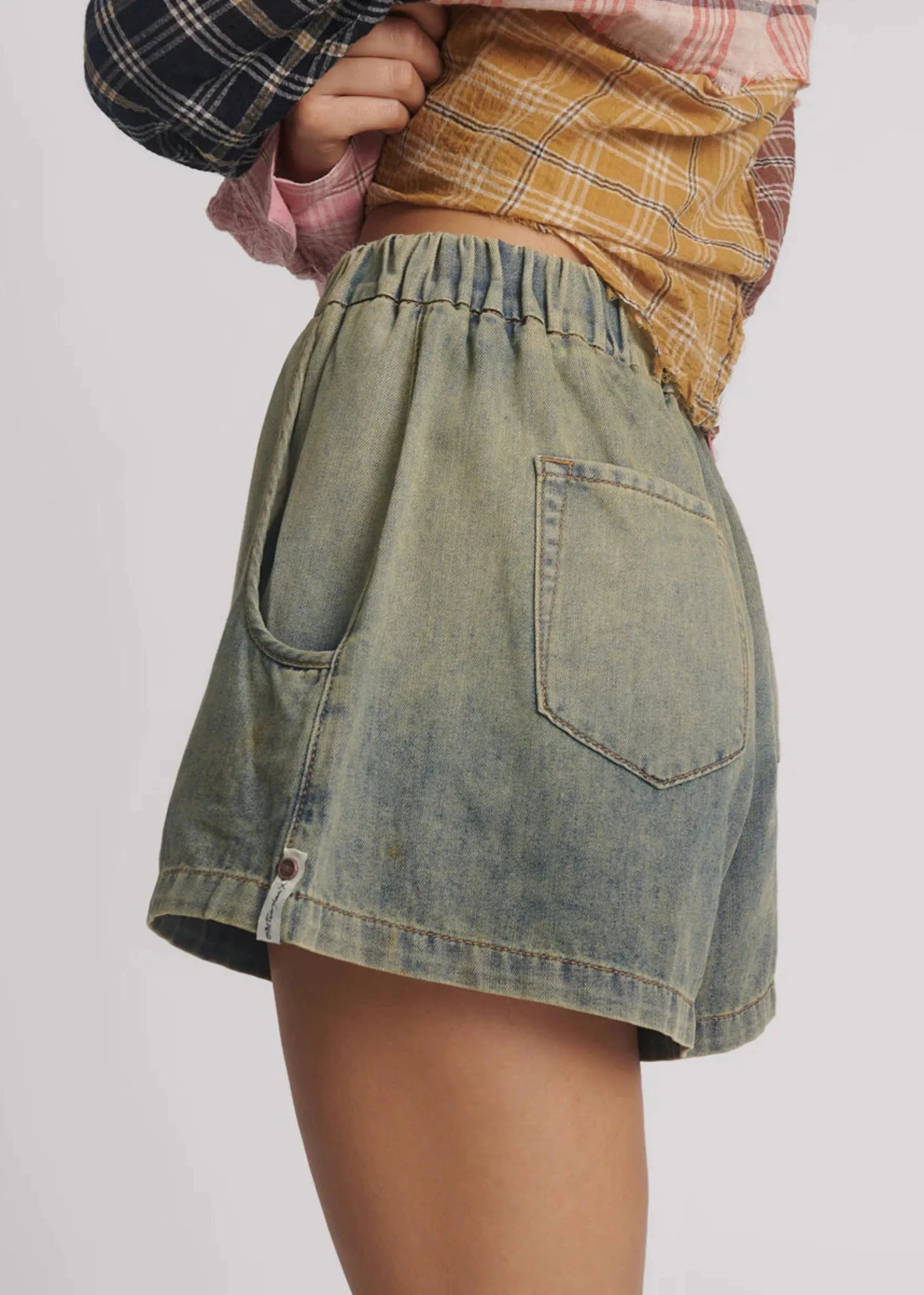 Funks High Waist Elasticated Flippy Denim Short - Blue Sand