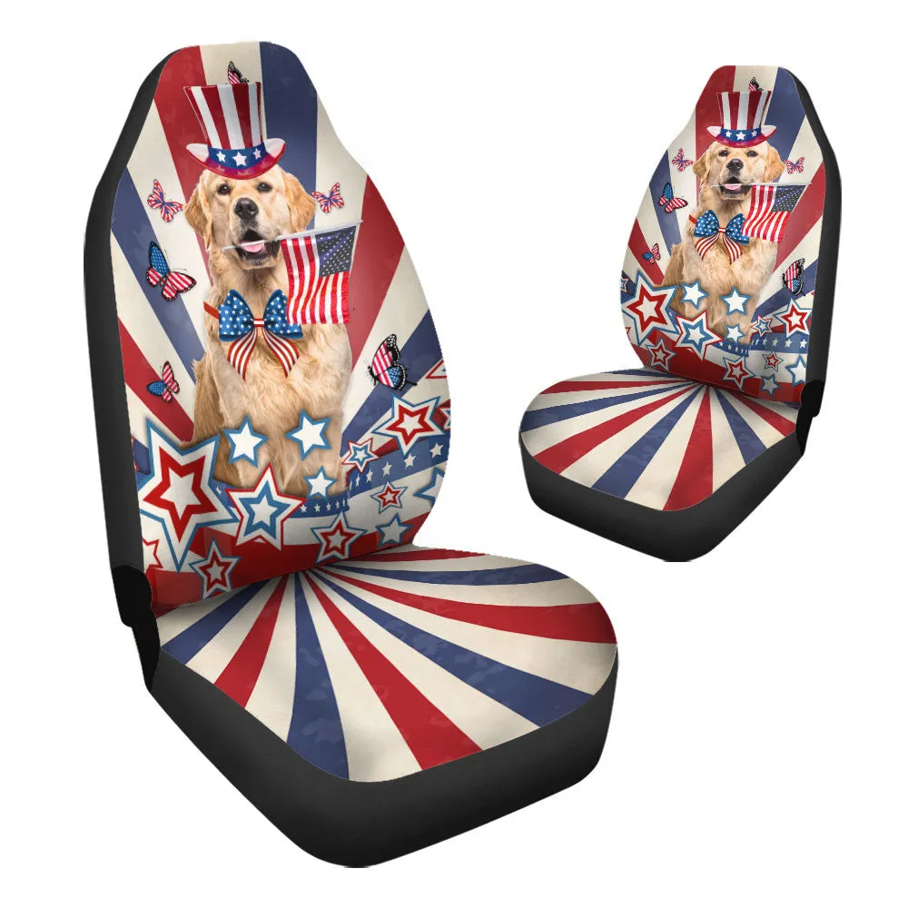 Golden Retriever Inside American Flag  Car Seat Covers