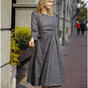 Grey side pleated long sleeve dress