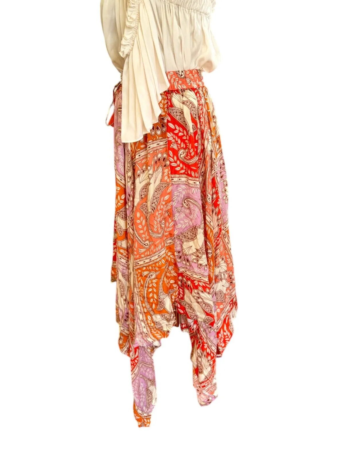 HANNAH ARTWEAR Delila Midi Skirt |100% Silk, Orange/Red Floral Print, Drawstring