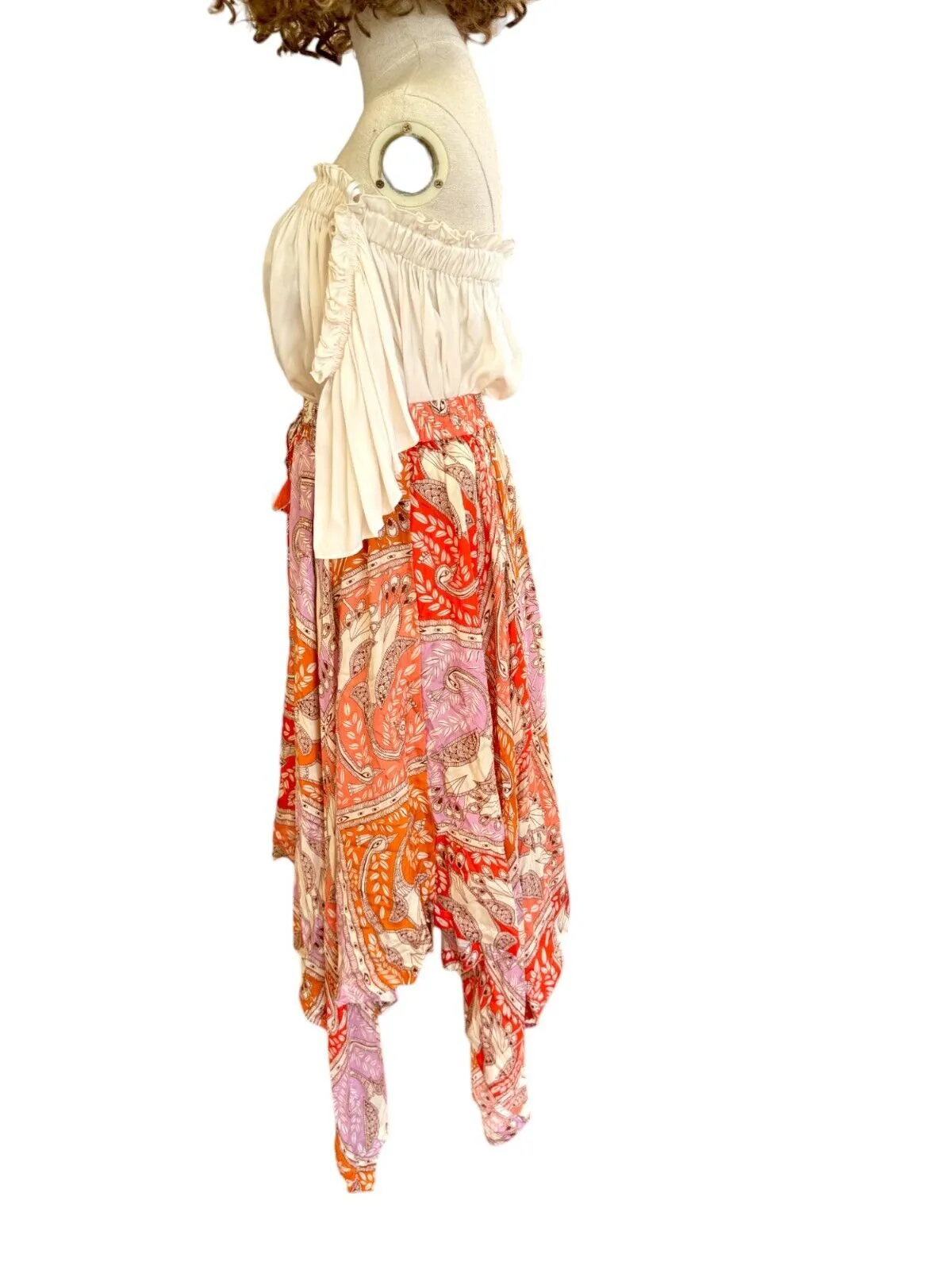 HANNAH ARTWEAR Delila Midi Skirt |100% Silk, Orange/Red Floral Print, Drawstring