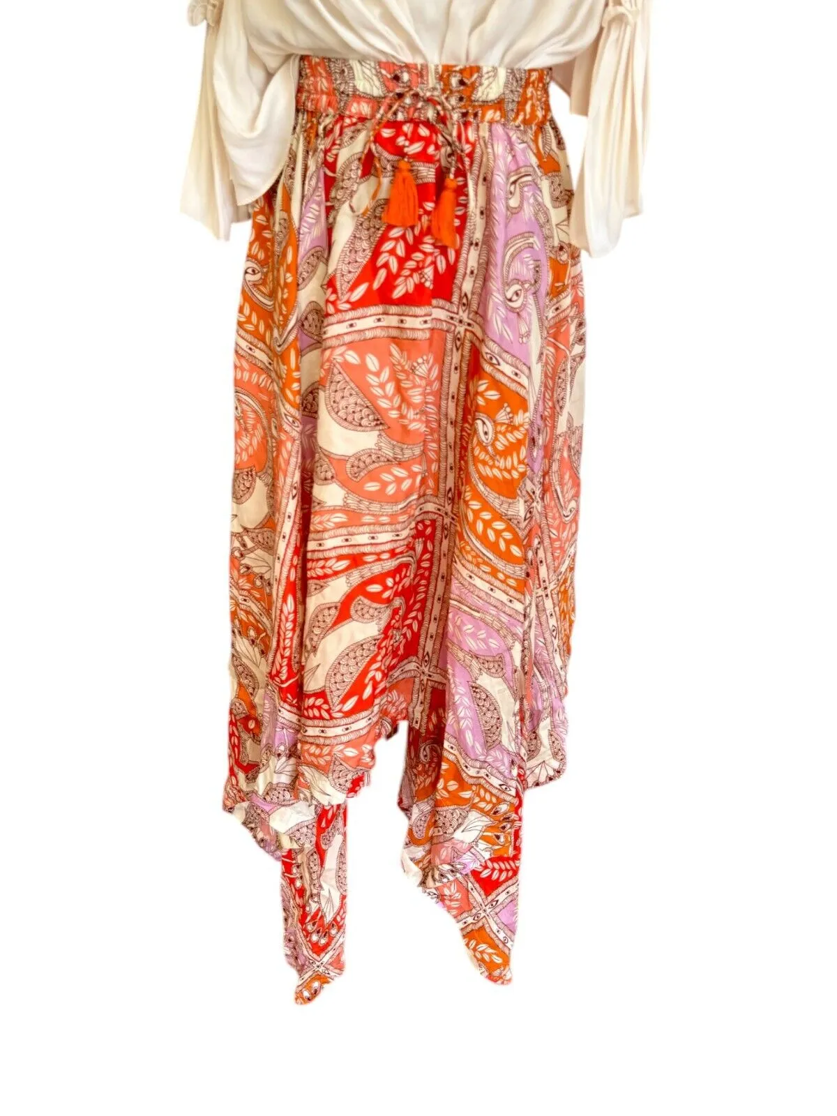 HANNAH ARTWEAR Delila Midi Skirt |100% Silk, Orange/Red Floral Print, Drawstring