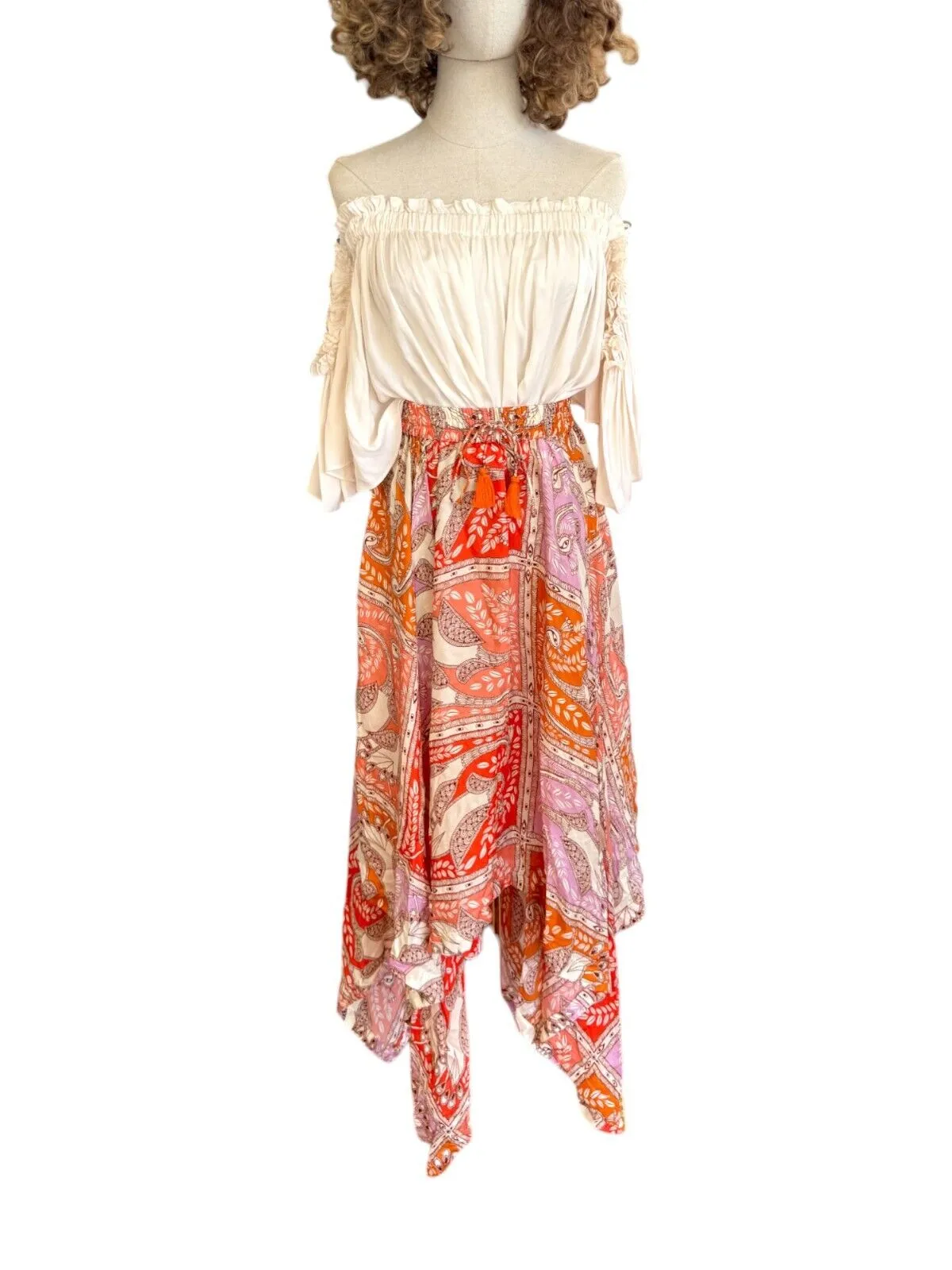 HANNAH ARTWEAR Delila Midi Skirt |100% Silk, Orange/Red Floral Print, Drawstring