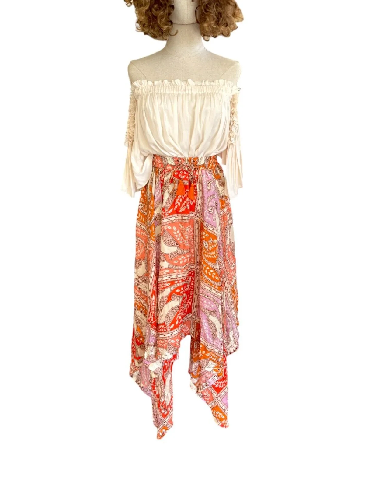 HANNAH ARTWEAR Delila Midi Skirt |100% Silk, Orange/Red Floral Print, Drawstring