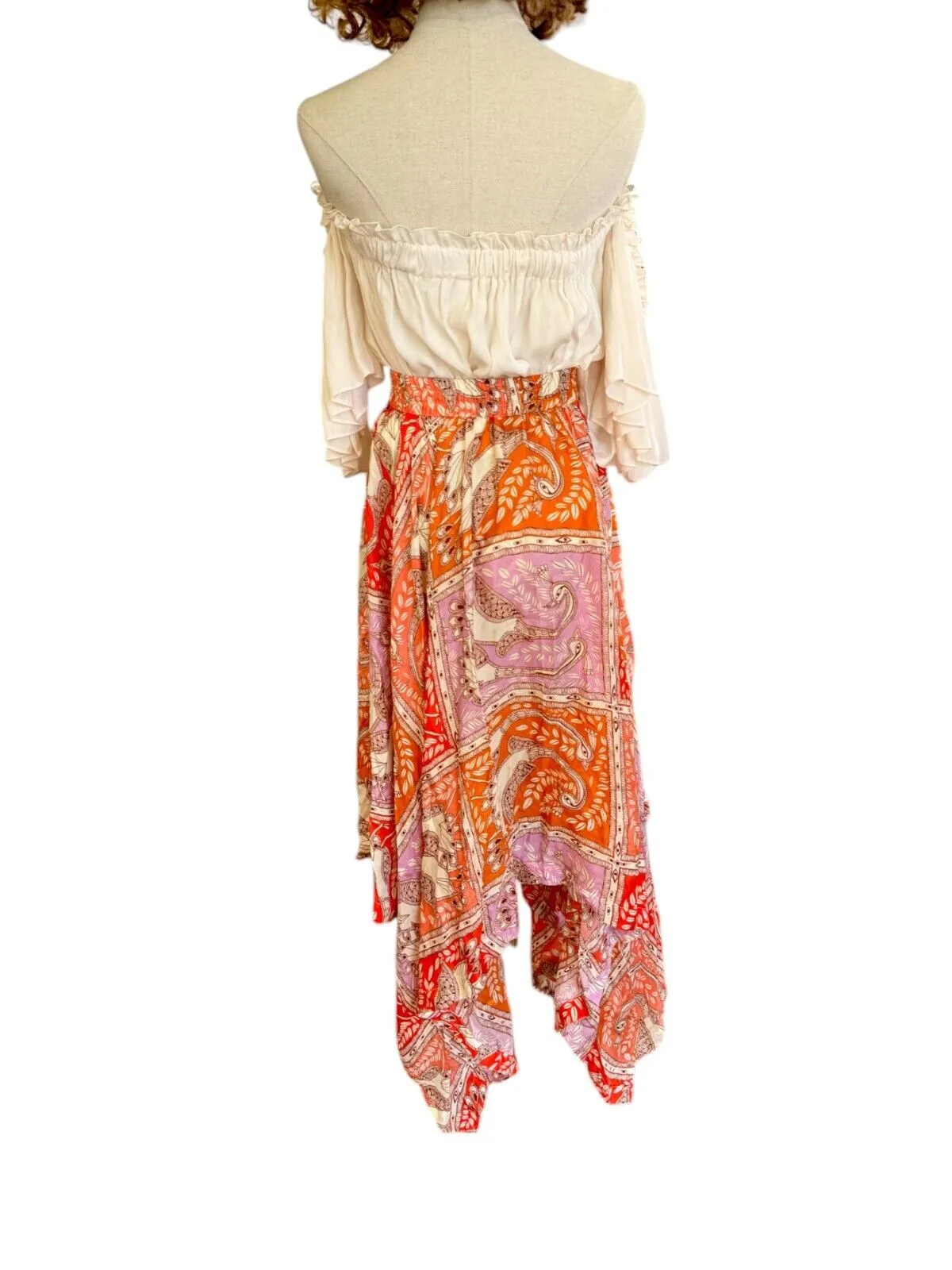 HANNAH ARTWEAR Delila Midi Skirt |100% Silk, Orange/Red Floral Print, Drawstring