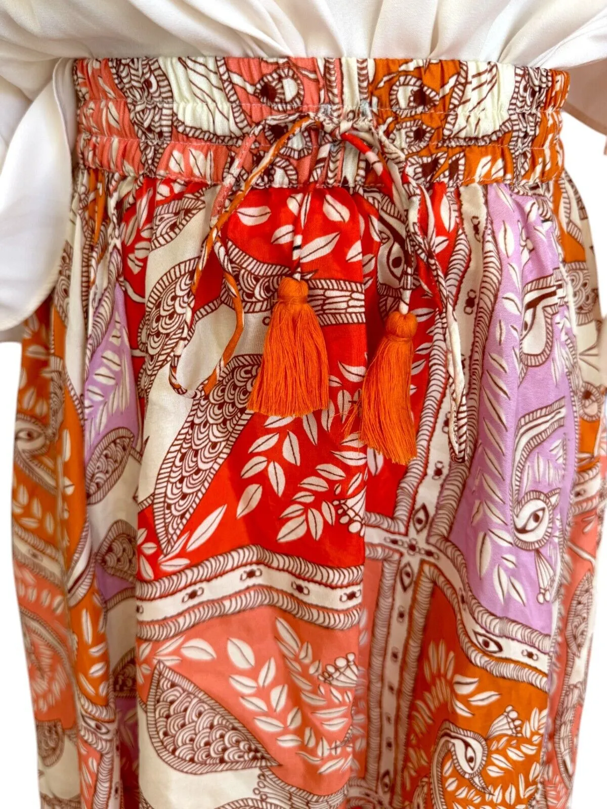HANNAH ARTWEAR Delila Midi Skirt |100% Silk, Orange/Red Floral Print, Drawstring