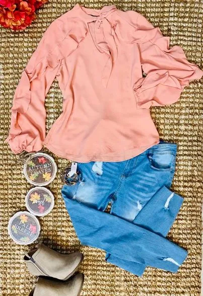 Heather Dark Salmon Ruffled Long Sleeve Top