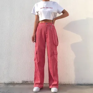 High Waist Wide Leg Plain Pockets Pants