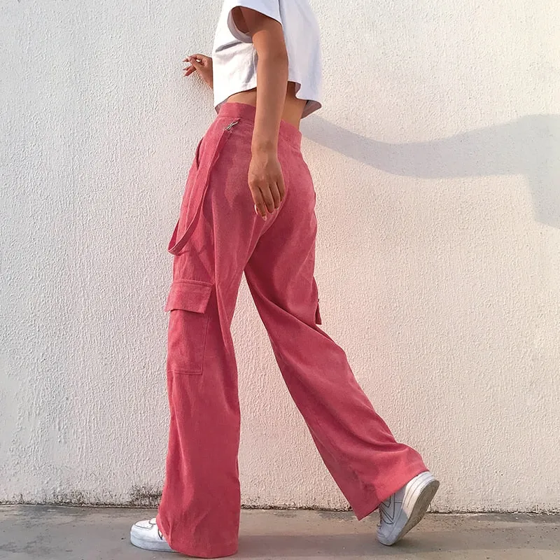 High Waist Wide Leg Plain Pockets Pants