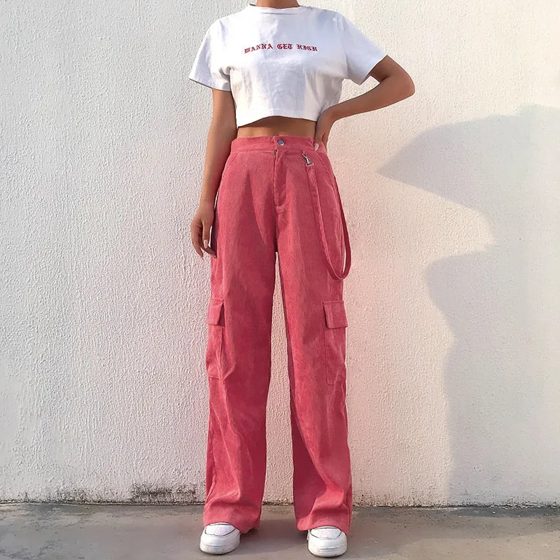 High Waist Wide Leg Plain Pockets Pants