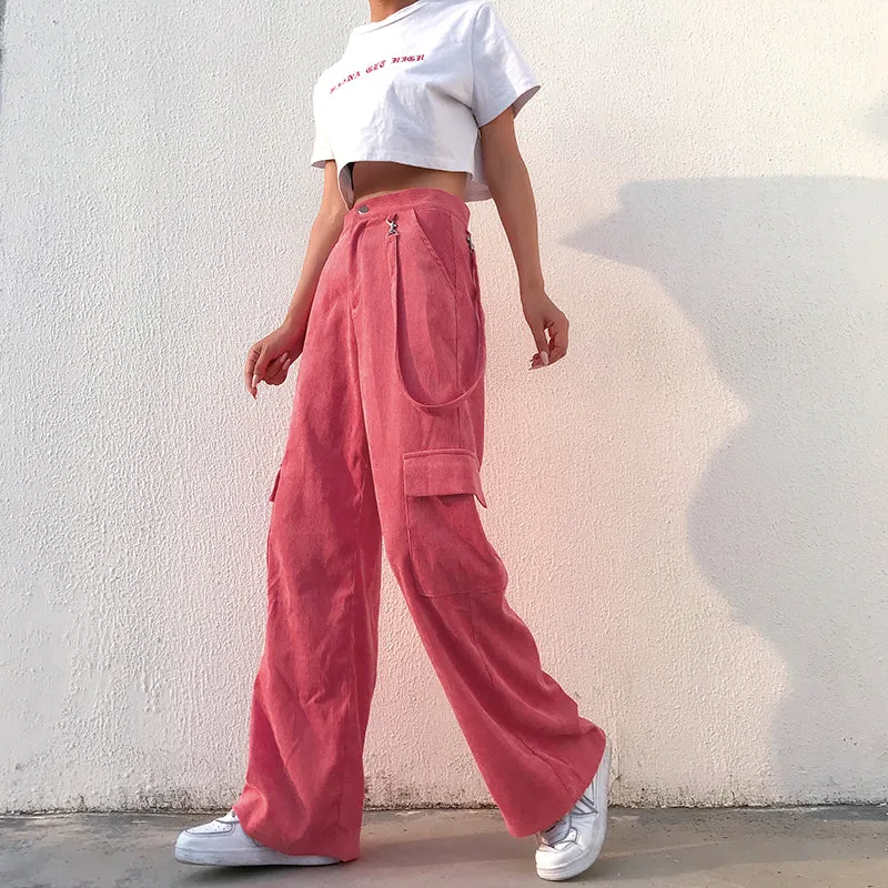 High Waist Wide Leg Plain Pockets Pants